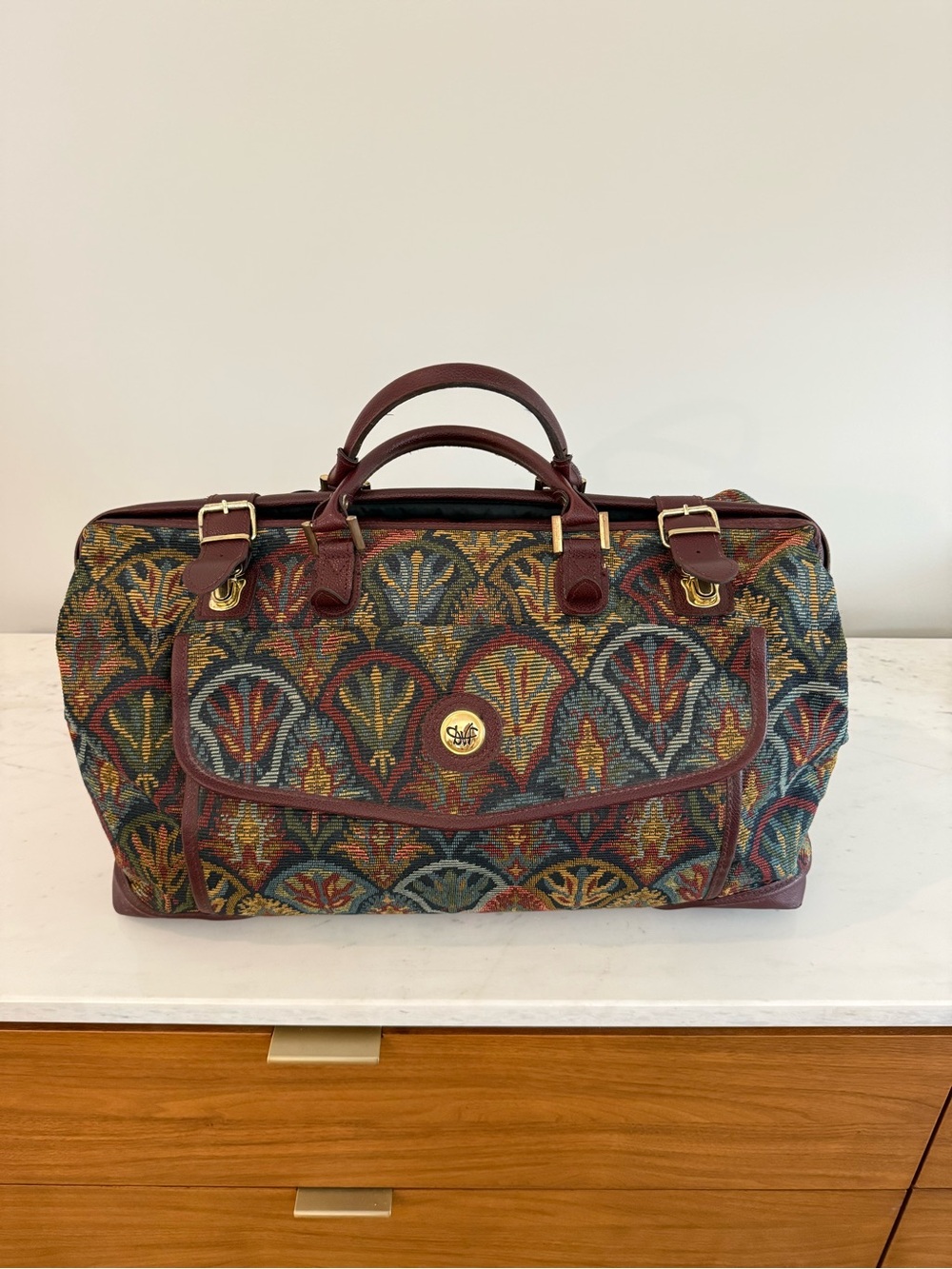 Vintage Diane Von Furstenberg Tapestry Leather Duffle Overnight Bag